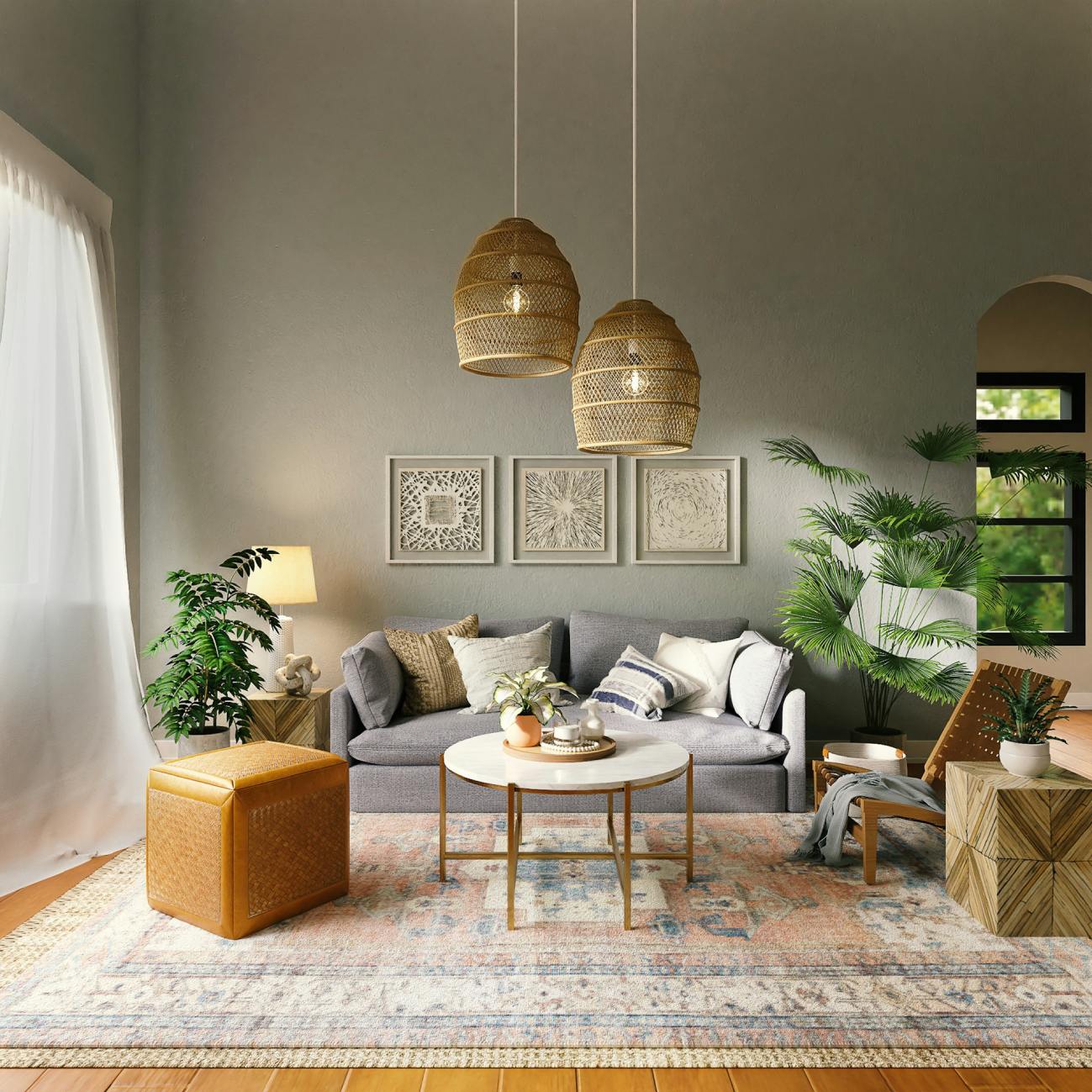 Cozy living room with a gray sofa, round coffee table, woven pendant lights, indoor plants, and a patterned area rug.