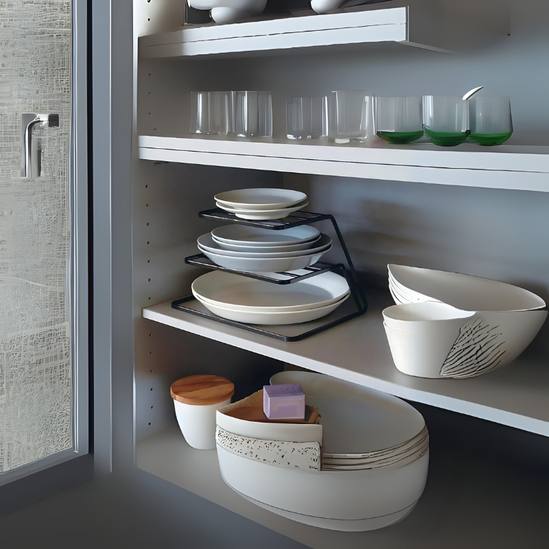 Kitchen shelf with neatly arranged plates, bowls, glassware, and storage containers.